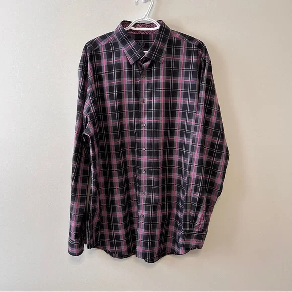 Bugatchi Men’s XXL Cotton Shape Fit Button Down Dress Shirt Black Pink Plaid EUC - Picture 2 of 10